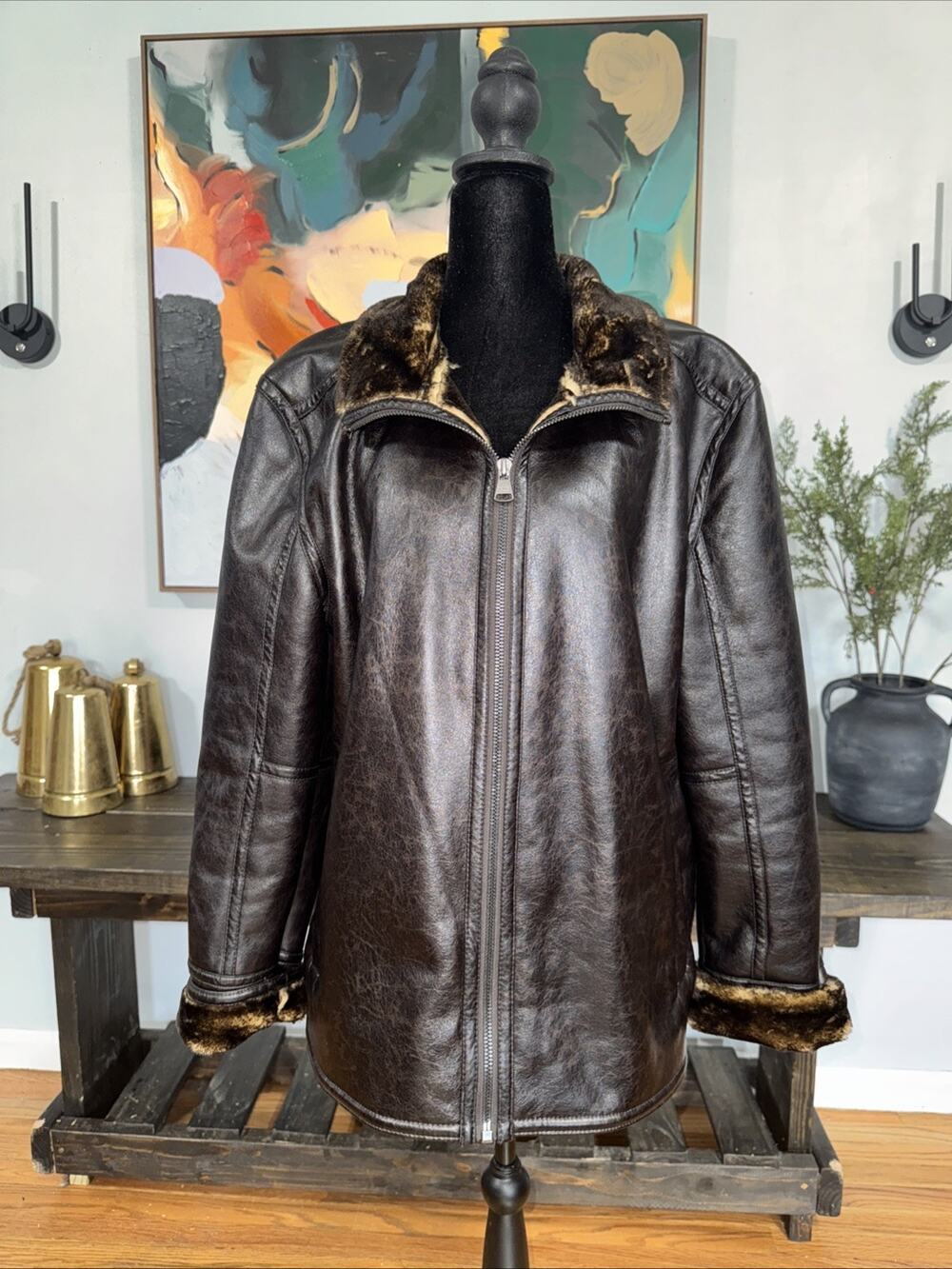 Marc New York Chocolate Brown Faux Fur & Faux Leather Jacket Sz L Sophisticated